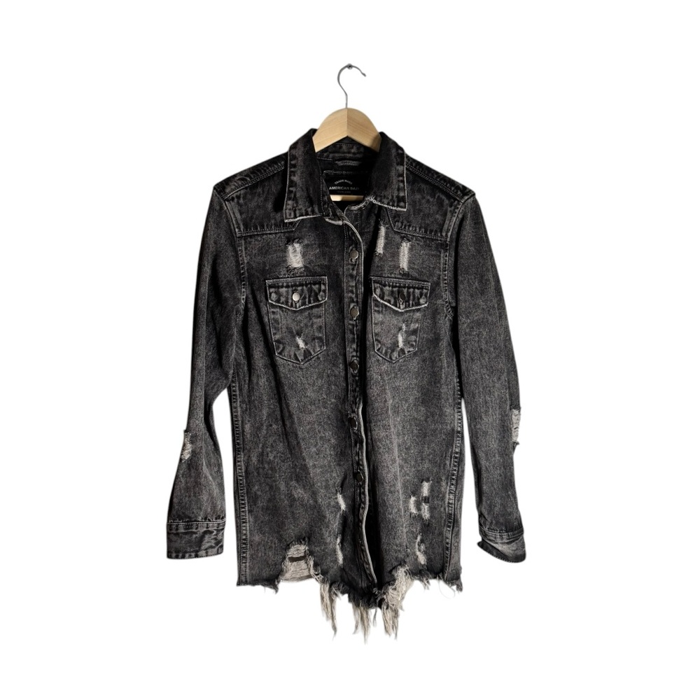 American Bazi Distressed Denim Jacket Oversized Black Jean Button Size Medium